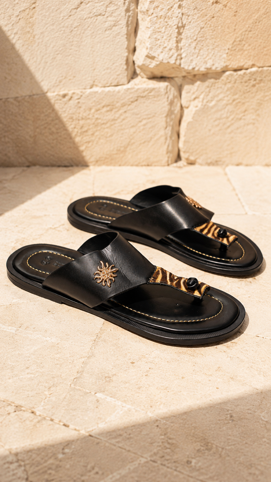 Black Gold Wide Strap Sandals