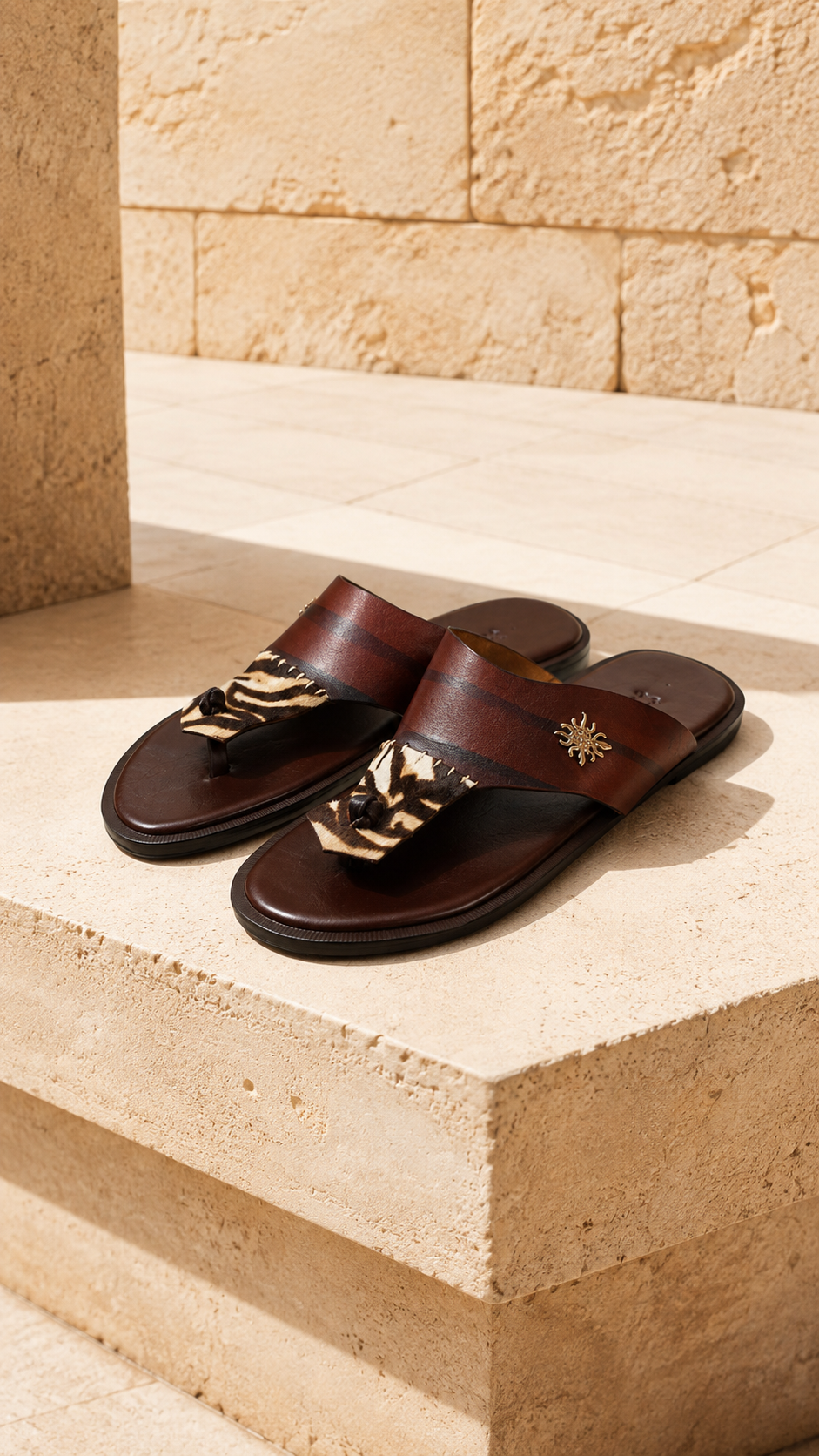 Brown Print Toe Strap Sandals