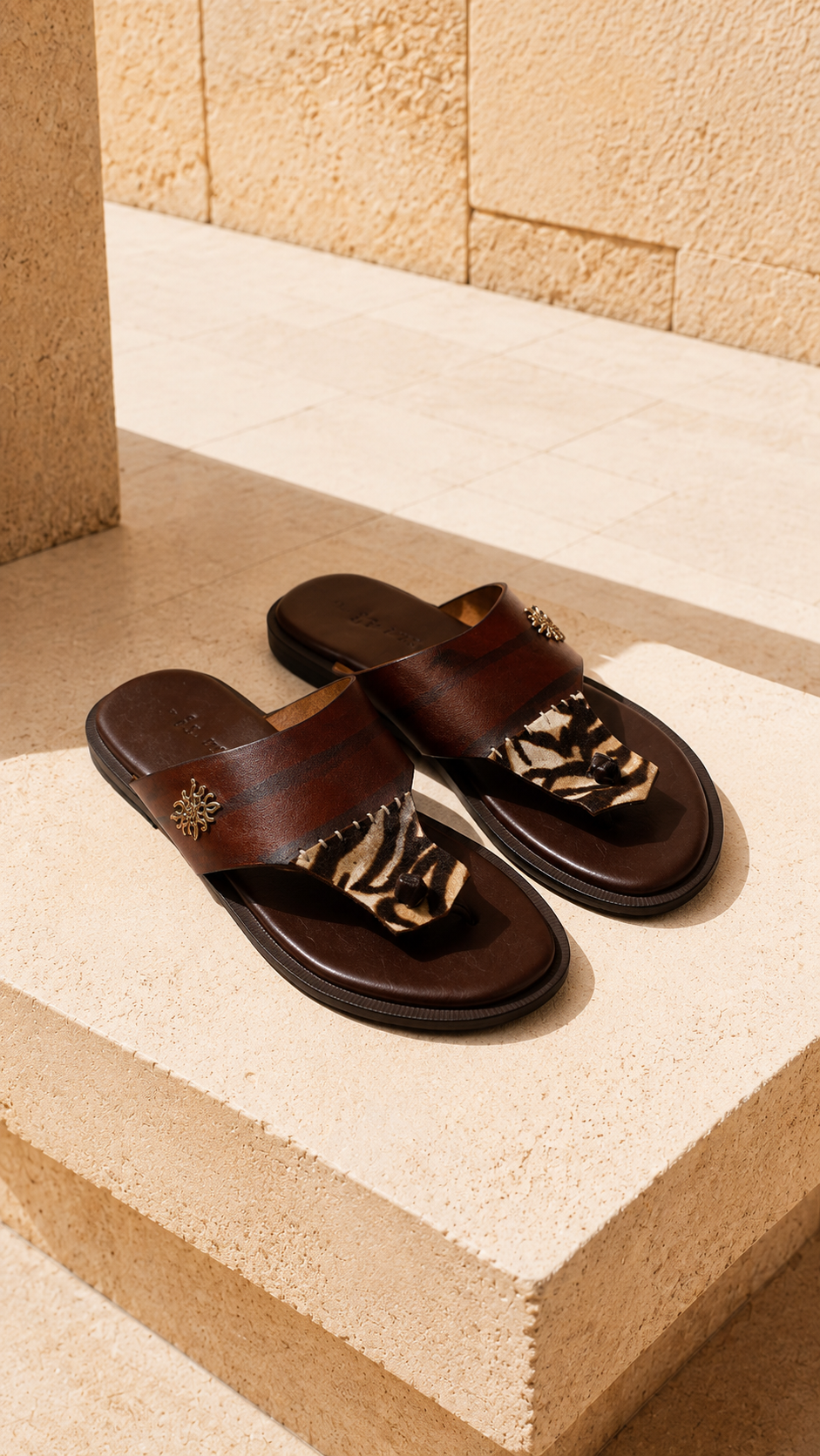 Brown Print Toe Strap Sandals