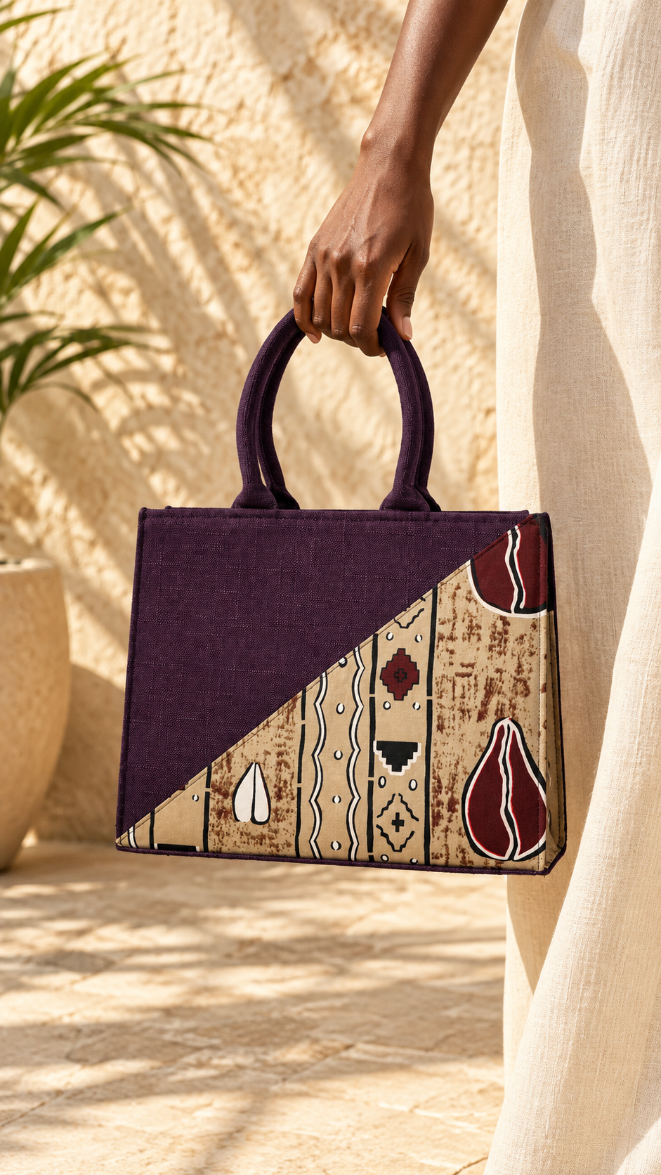 Purple Beige Panel Tote Bag