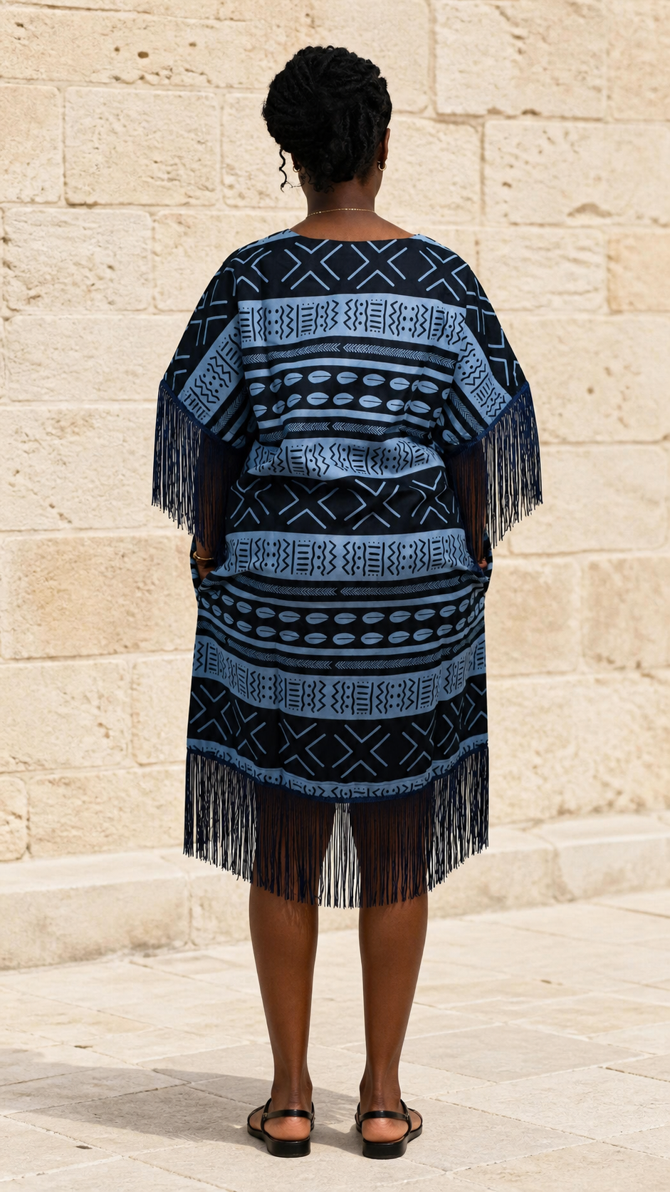 Dark Blue Fringe Poncho Dress