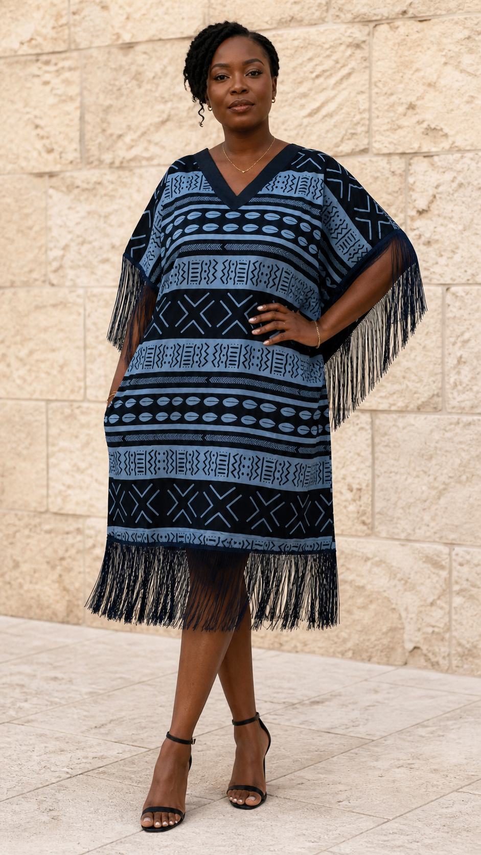 Dark Blue Fringe Poncho Dress