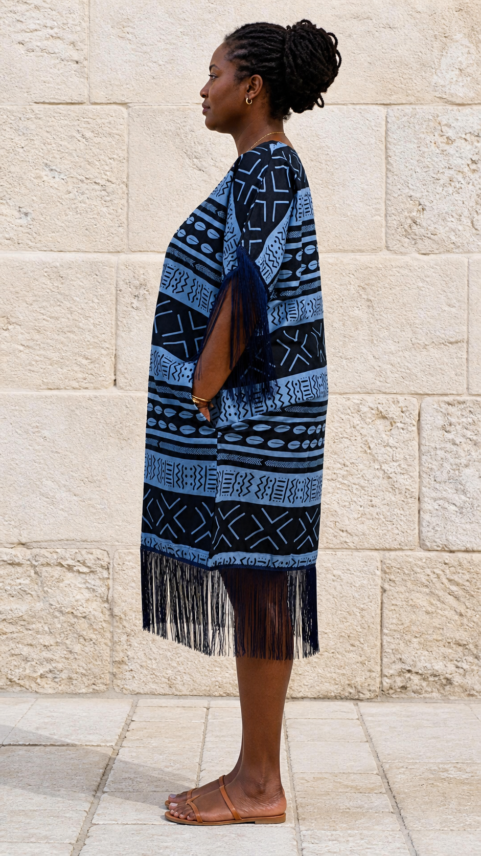 Dark Blue Fringe Poncho Dress