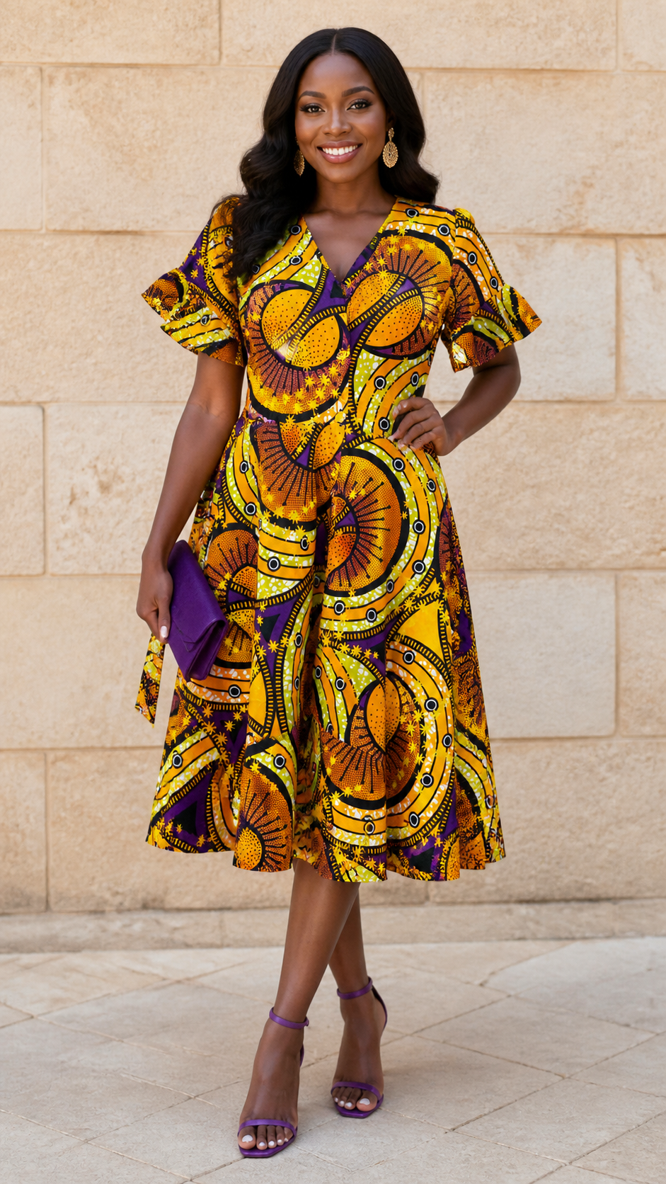 Yellow Circle Print Short Dress - front