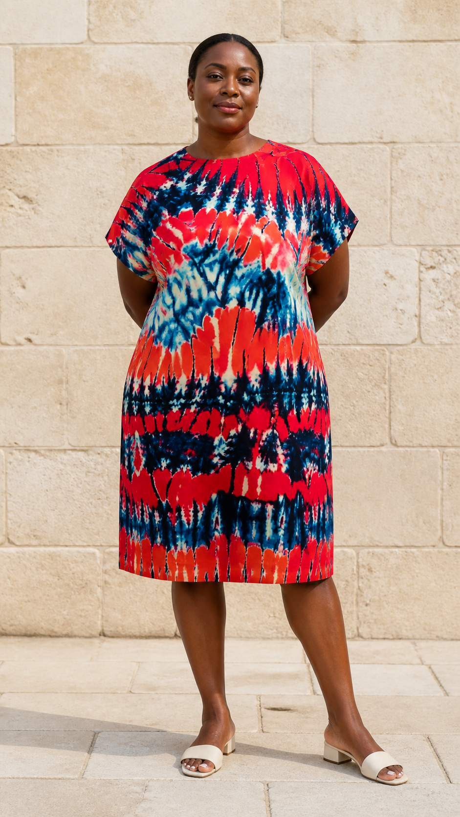 Red Blue Print Short Dress - front