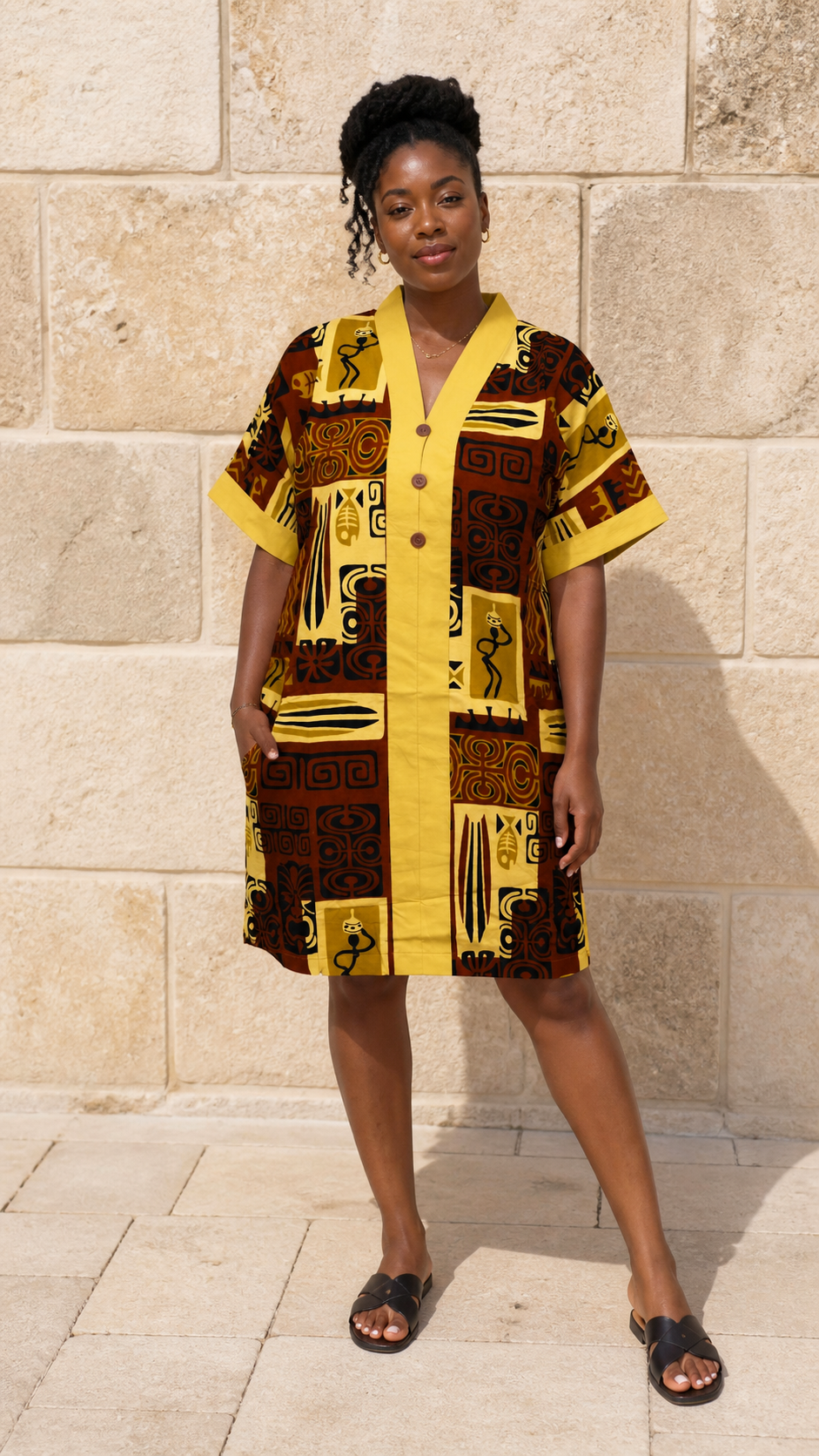 Brown Yellow Collared Print Dress - front