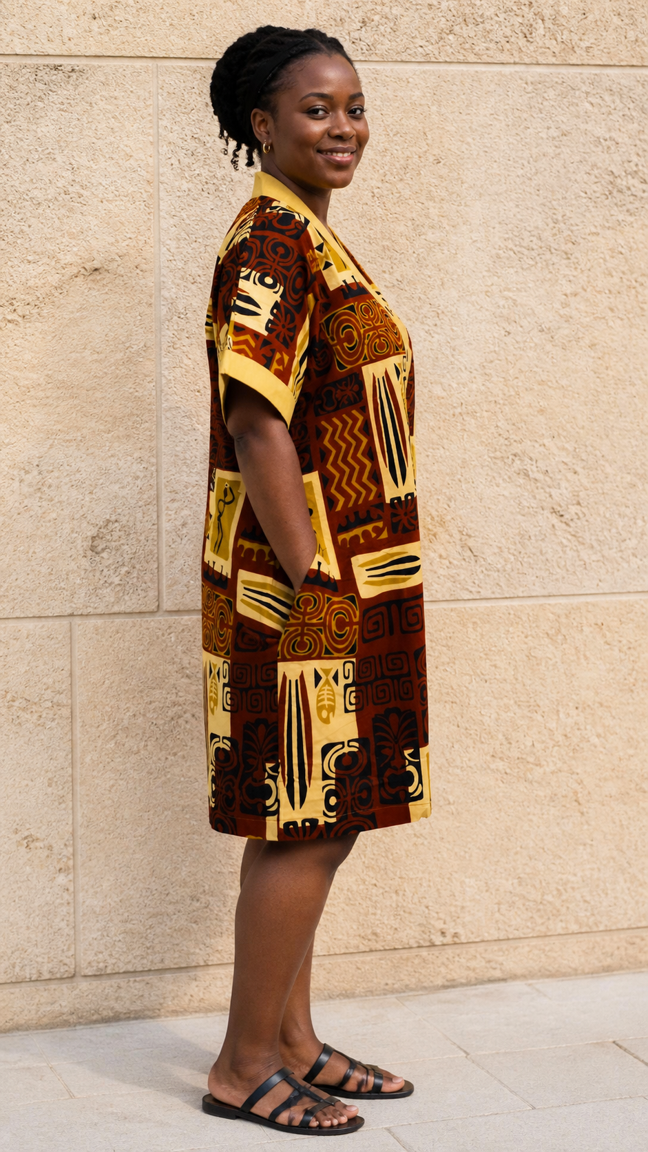 Brown Yellow Collared Print Dress - side