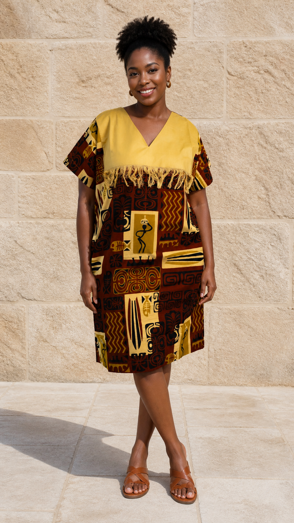 Brown Yellow Block Print Dress