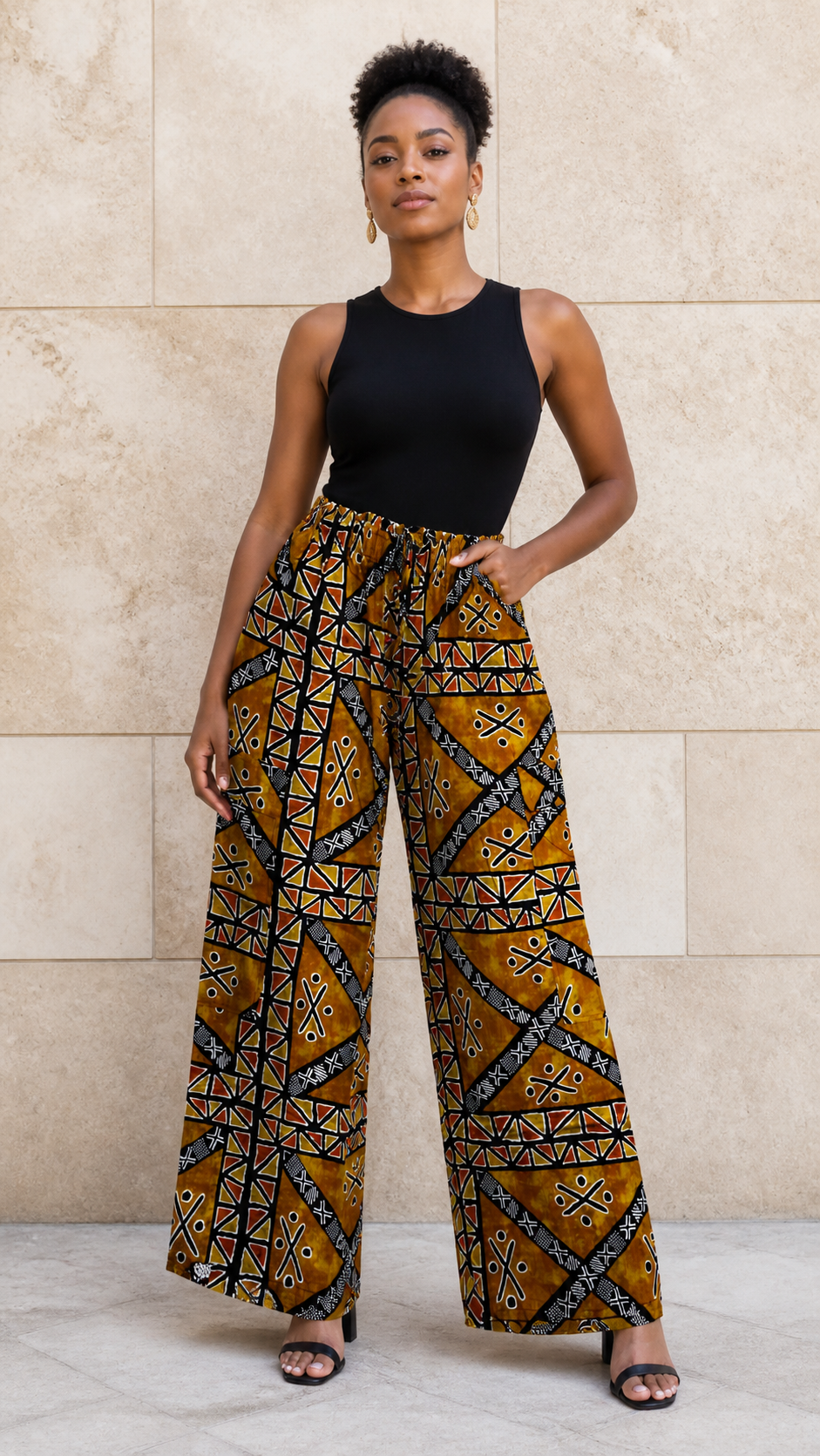 Orange Yellow Print Wide Leg Pants - front