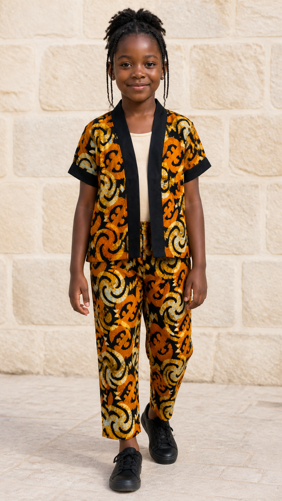 Orange Brown Print Kimono Set - front