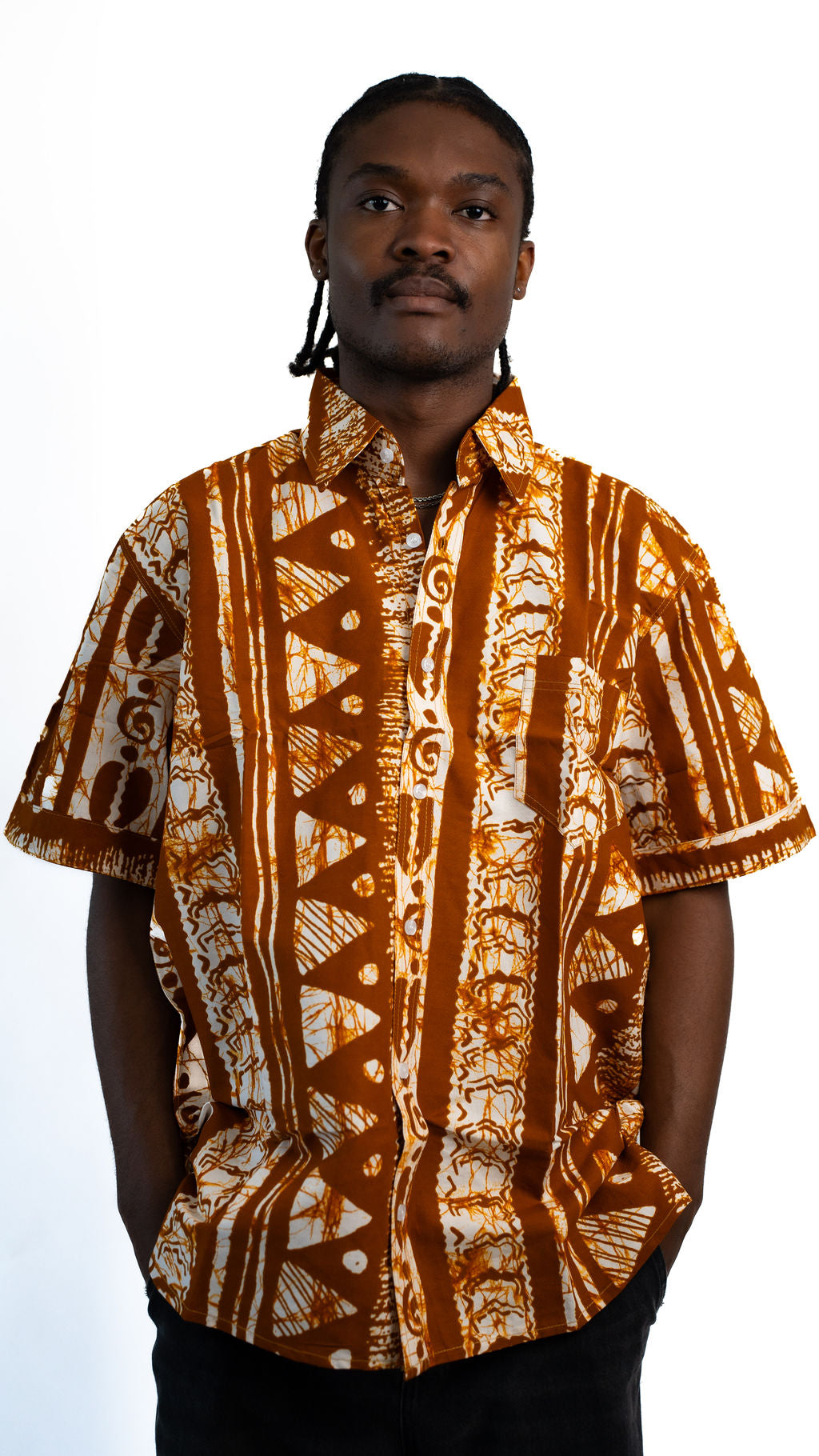 Brown White Print Mens Shirt — main view 01