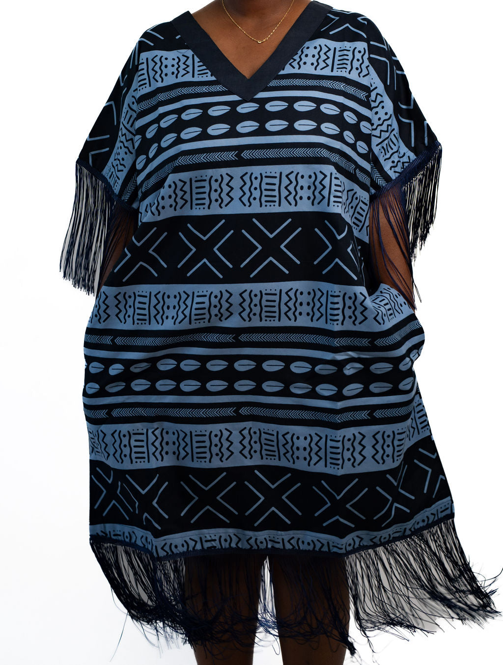 Dark Blue Fringe Poncho Dress — main view 01