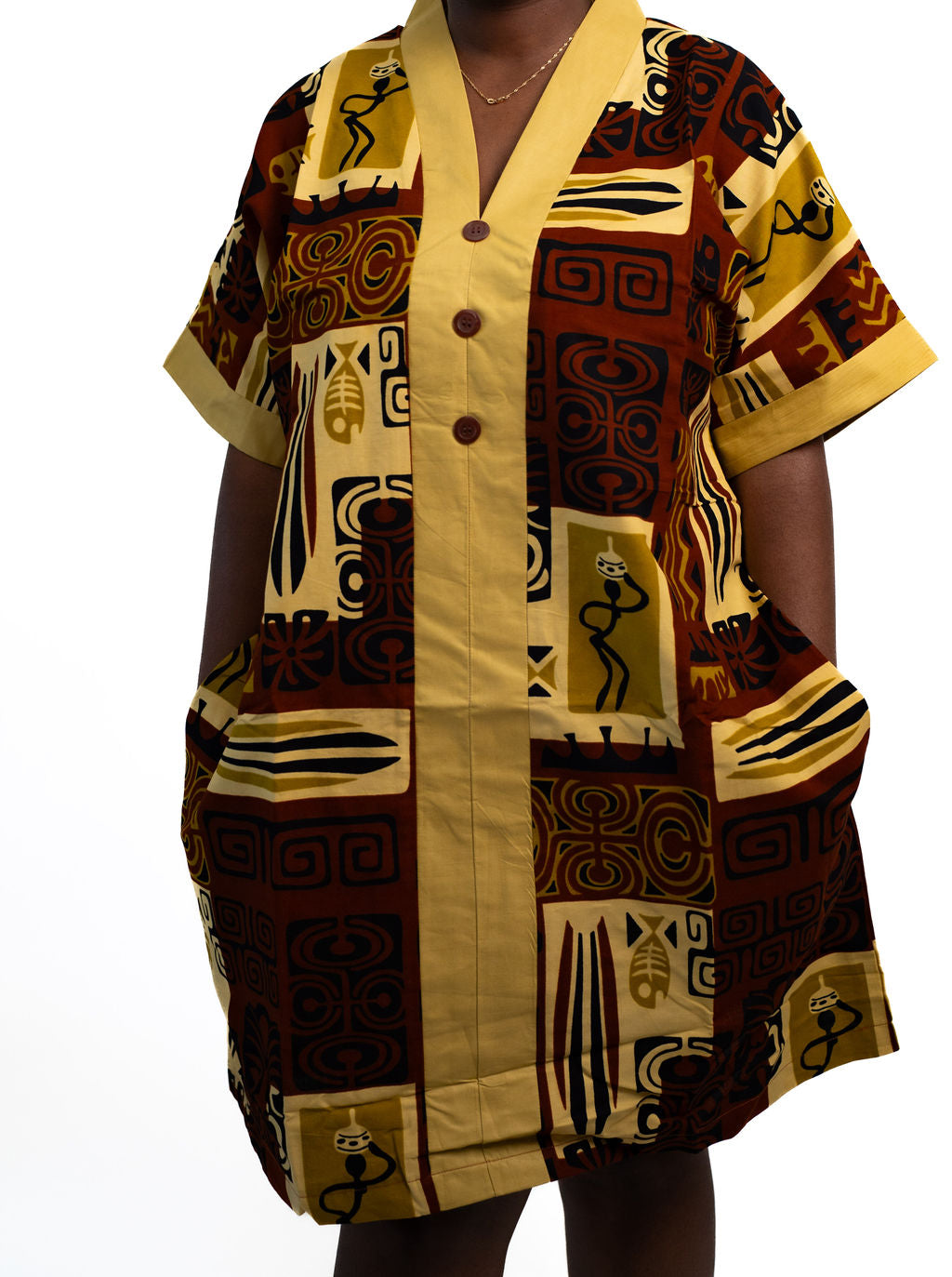 Brown Yellow Collared Print Dress — main view 01