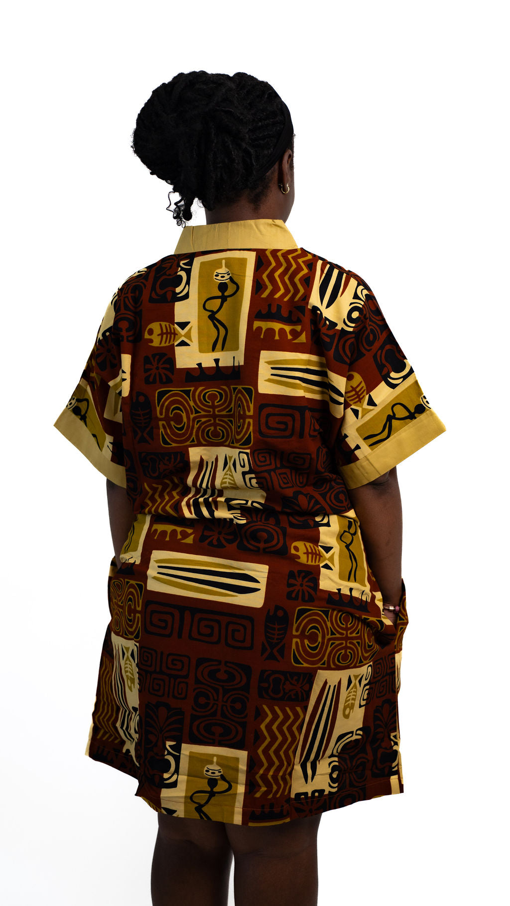 Brown Yellow Collared Print Dress — product view 04